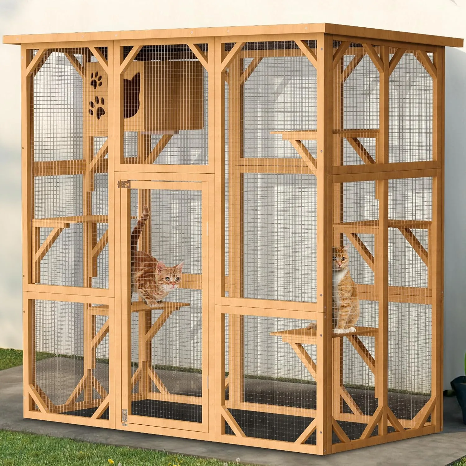 Catio Outdoor Cat Enclosure House, 5 Tiers Large Indoor Cat Cage with 5 Platforms Resting Box, Cat Catio Walk in Wooden Shelter Outdoor with Asphalt Waterproof Roof Metal Mesh (Original Wood)