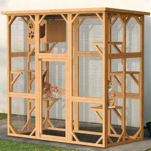 Catio Outdoor Cat Enclosure House, 5 Tiers Large Indoor Cat Cage with 5 Platforms Resting Box, Cat Catio Walk in Wooden Shelter Outdoor with Asphalt Waterproof Roof Metal Mesh (Original Wood)
