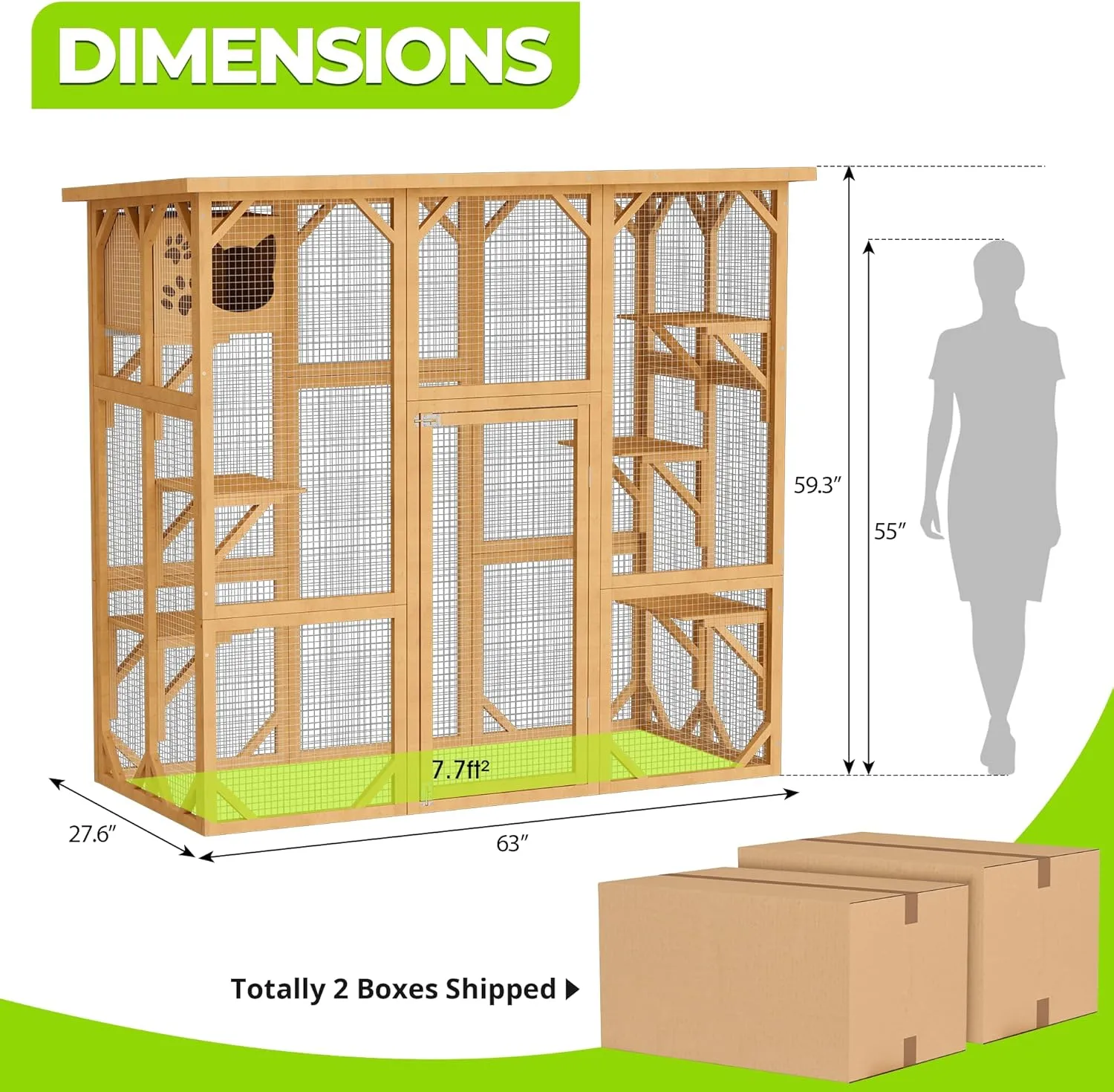 Catio Outdoor Cat Enclosure House, 5 Tiers Large Indoor Cat Cage with 5 Platforms Resting Box, Cat Catio Walk in Wooden Shelter Outdoor with Asphalt Waterproof Roof Metal Mesh (Original Wood)