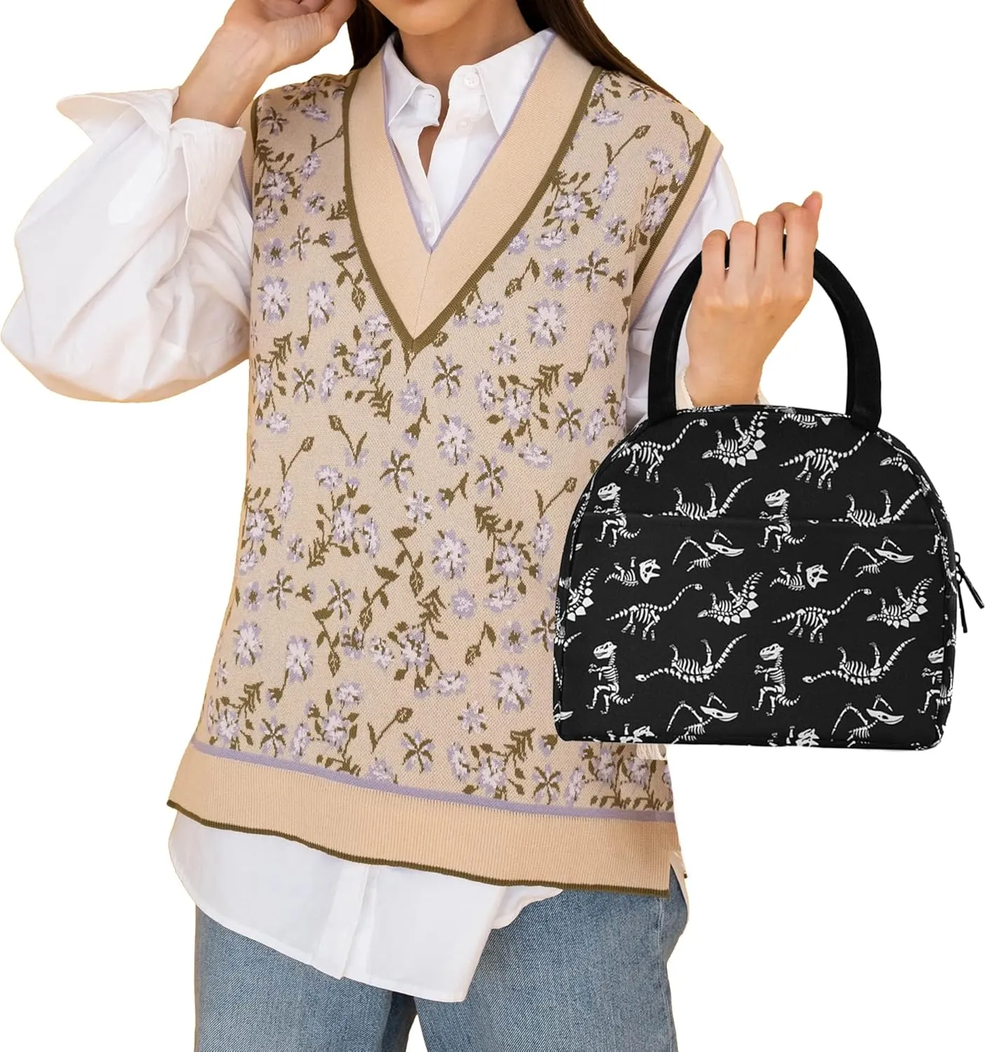 CBBYY Lunch Bag Women Reusable Insulated Cute Lunch Tote Bag for Adult & Student Leakproof Cooler Lunch Bags for Work Office Travel School Picnic (Fossil Of Cartoon Dinosaur)