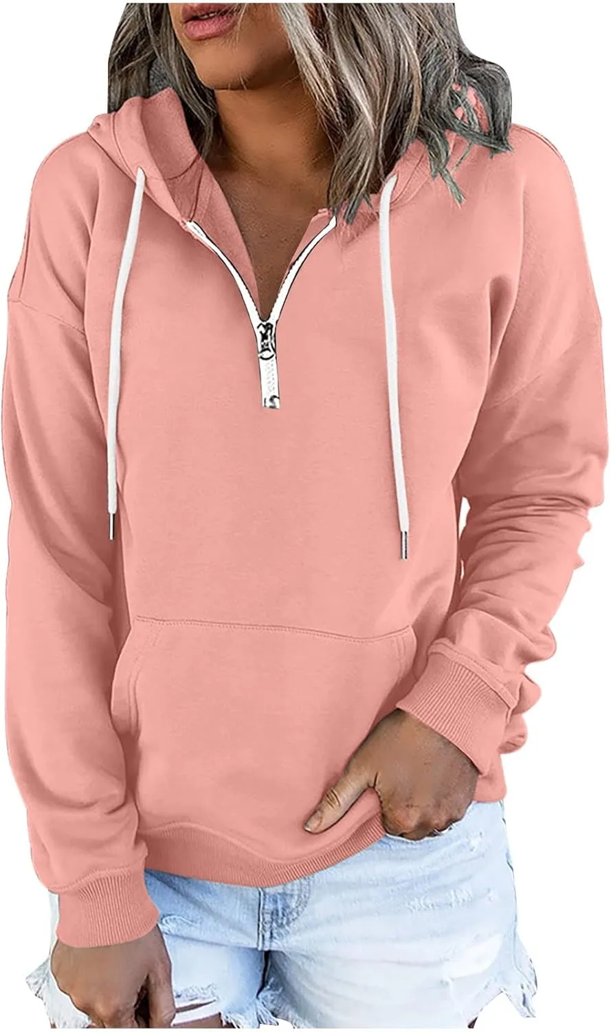 Ceboyel Women Quarter Zip Pullover Sweatshirt Solid Color Hoodies Drawstring Long Sleeve Pullover Tops Fall Clothing 2023