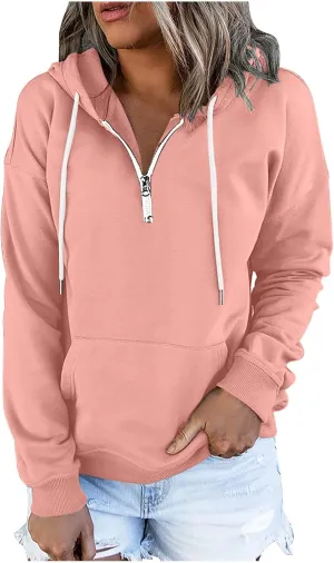 Ceboyel Women Quarter Zip Pullover Sweatshirt Solid Color Hoodies Drawstring Long Sleeve Pullover Tops Fall Clothing 2023
