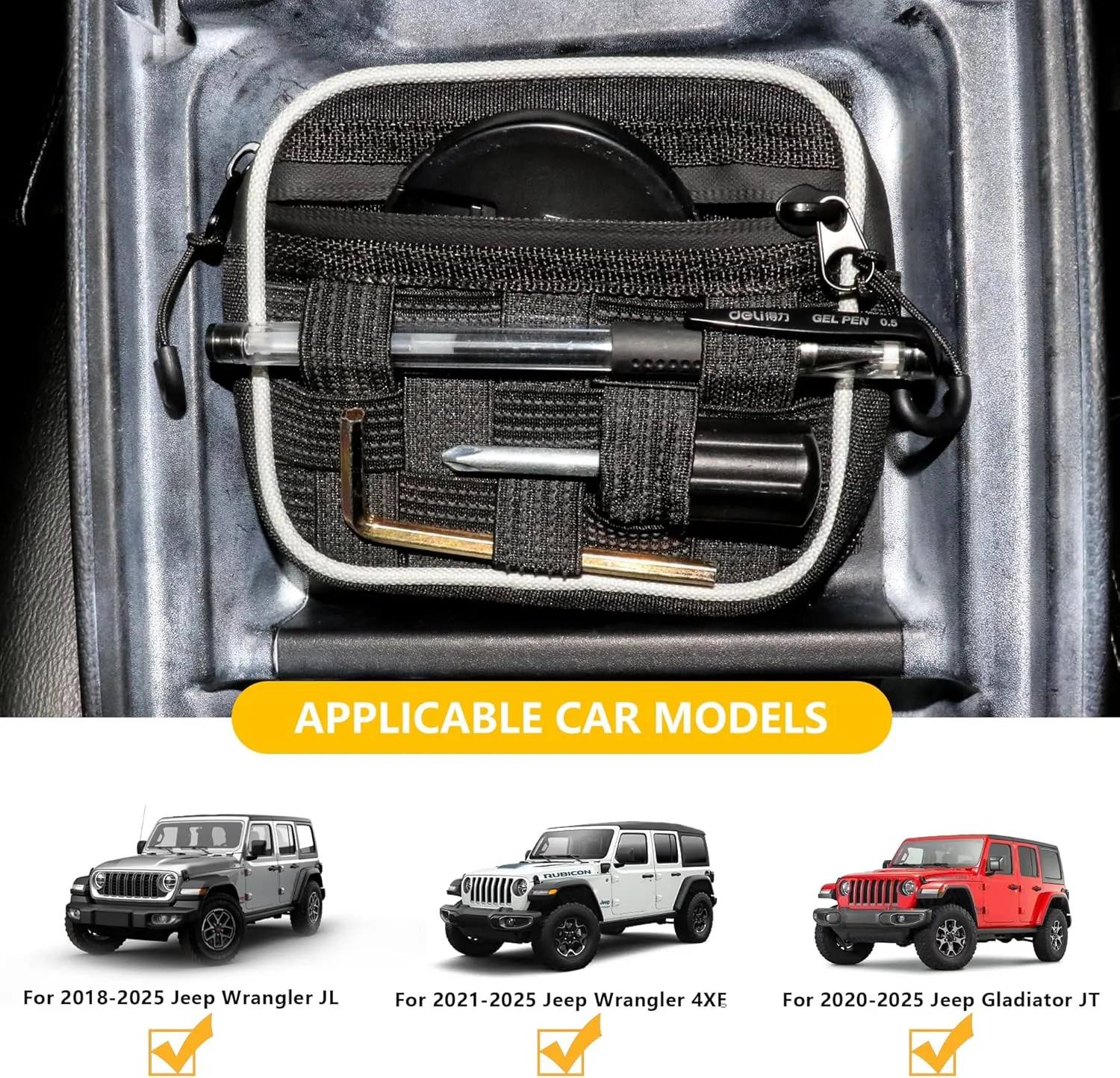 Center Console Organizer Storage Compatible with 2018-2025 Jeep Wrangler JL 4XE Gladiator JT Accessories Console Organizer Armrest Hidden Bag with Tactical Webbing Molle Panel, Black
