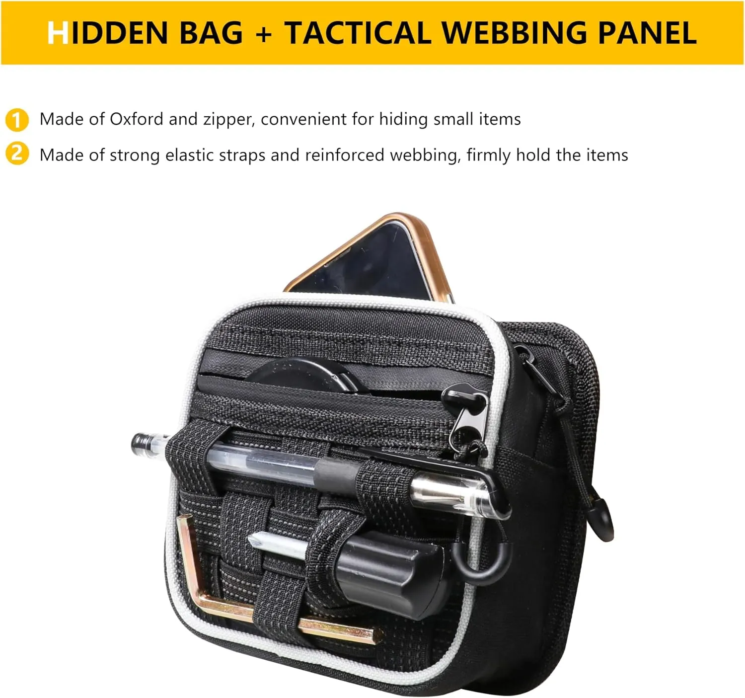 Center Console Organizer Storage Compatible with 2018-2025 Jeep Wrangler JL 4XE Gladiator JT Accessories Console Organizer Armrest Hidden Bag with Tactical Webbing Molle Panel, Black
