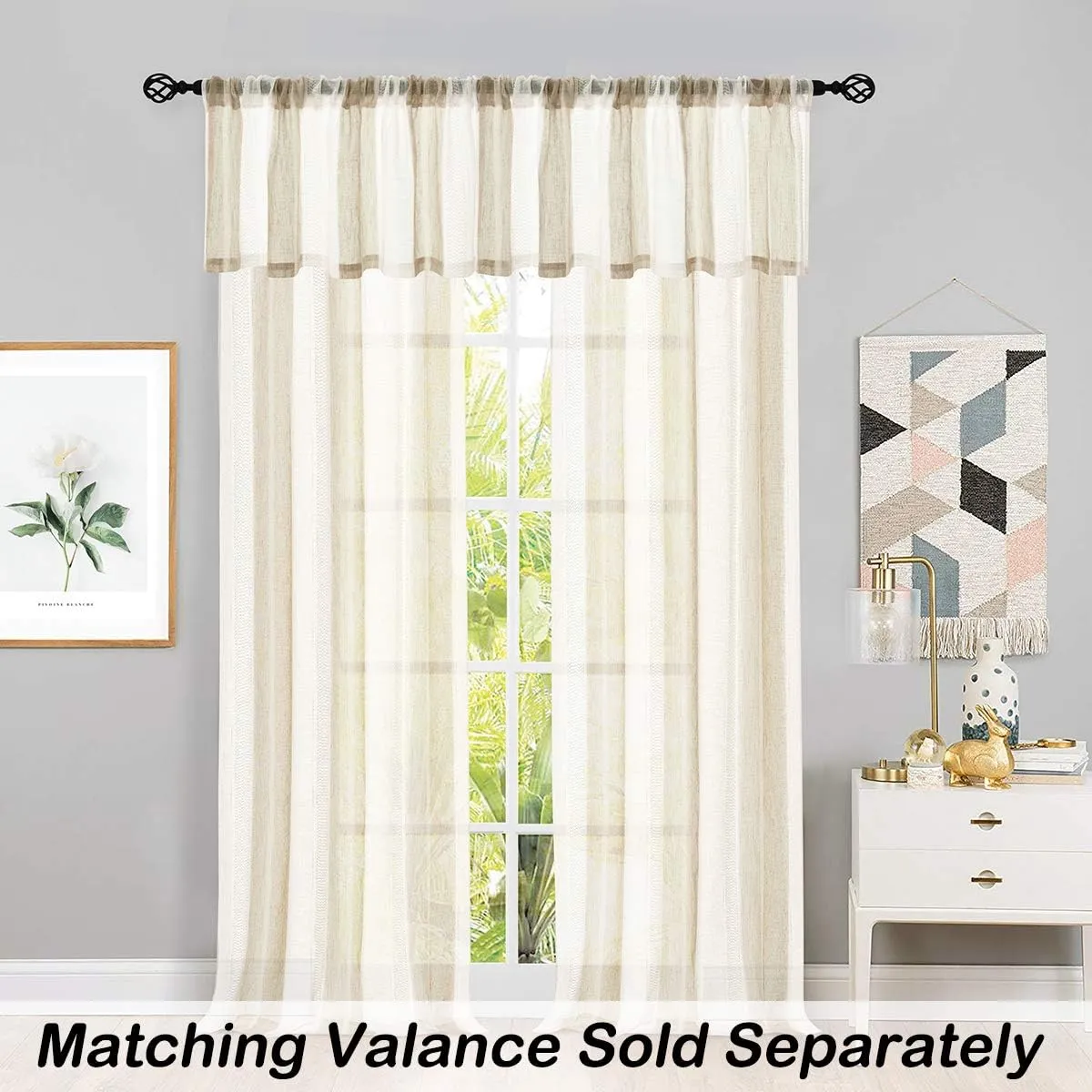 Central Park Sheer Beige and White Stripe Farmhouse Curtains Boucle Linen Window Curtain Panel Pairs Yarn Dyed Woven 63 Inches Long for Living Room Bedroom 2 Pack Rod Pocket Rustic Living Panels