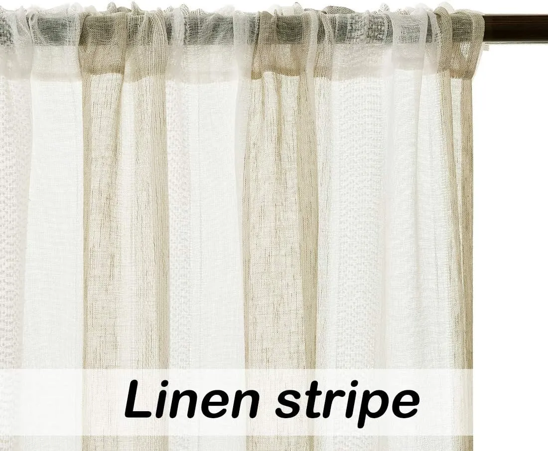 Central Park Sheer Beige and White Stripe Farmhouse Curtains Boucle Linen Window Curtain Panel Pairs Yarn Dyed Woven 63 Inches Long for Living Room Bedroom 2 Pack Rod Pocket Rustic Living Panels