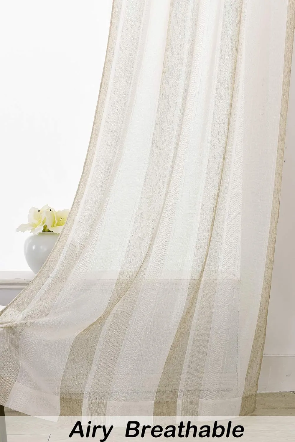 Central Park Sheer Beige and White Stripe Farmhouse Curtains Boucle Linen Window Curtain Panel Pairs Yarn Dyed Woven 63 Inches Long for Living Room Bedroom 2 Pack Rod Pocket Rustic Living Panels