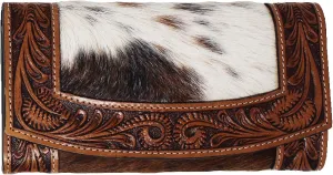 CHALLENGER Women's Western Hair-On Cowhide Floral Tooled Leather Wallet Clutch 18FKW66C