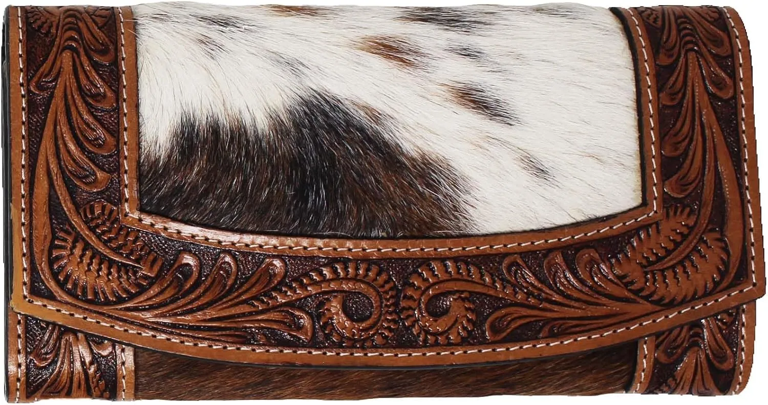 CHALLENGER Women's Western Hair-On Cowhide Floral Tooled Leather Wallet Clutch 18FKW66C