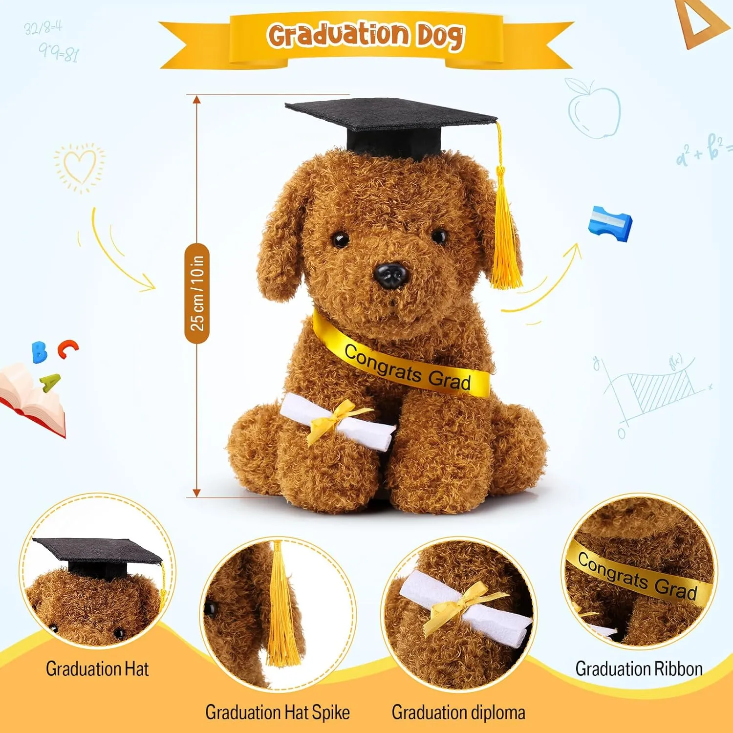 Chalyna 10 Inch 2025 Graduation Season Dog Preschool Plush Stuffed Animal Kindergarten Puppy with Graduation Hat, Diploma and Sash, Plush Dog Gift for Student, Kids, Friend, Relatives