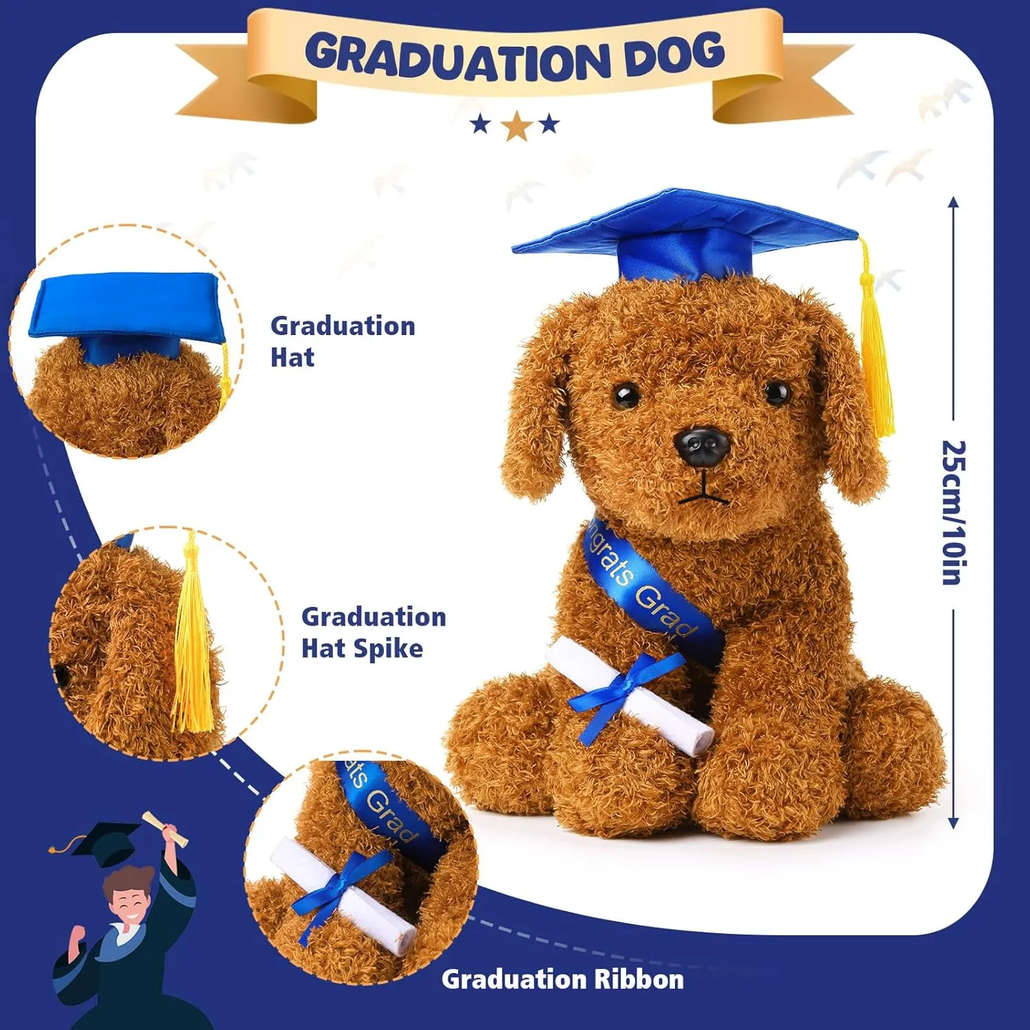 Chalyna 10 Inch Graduation Season Dog Preschool Plush Stuffed Animal Kindergarten Graduation Puppy with Hat, Diploma and Sash, Preschool Kindergarten Gift for Friend Relatives (Blue)
