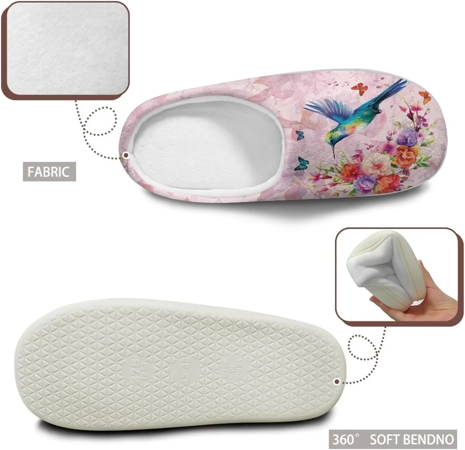 chaqlin Hummingbir Plush Slippers Fuzzy House Bedroom Warm Soft Sandals Wide Warm for Women Lightweight Slip Resistant Flannel Fluffy Shoes Slipper
