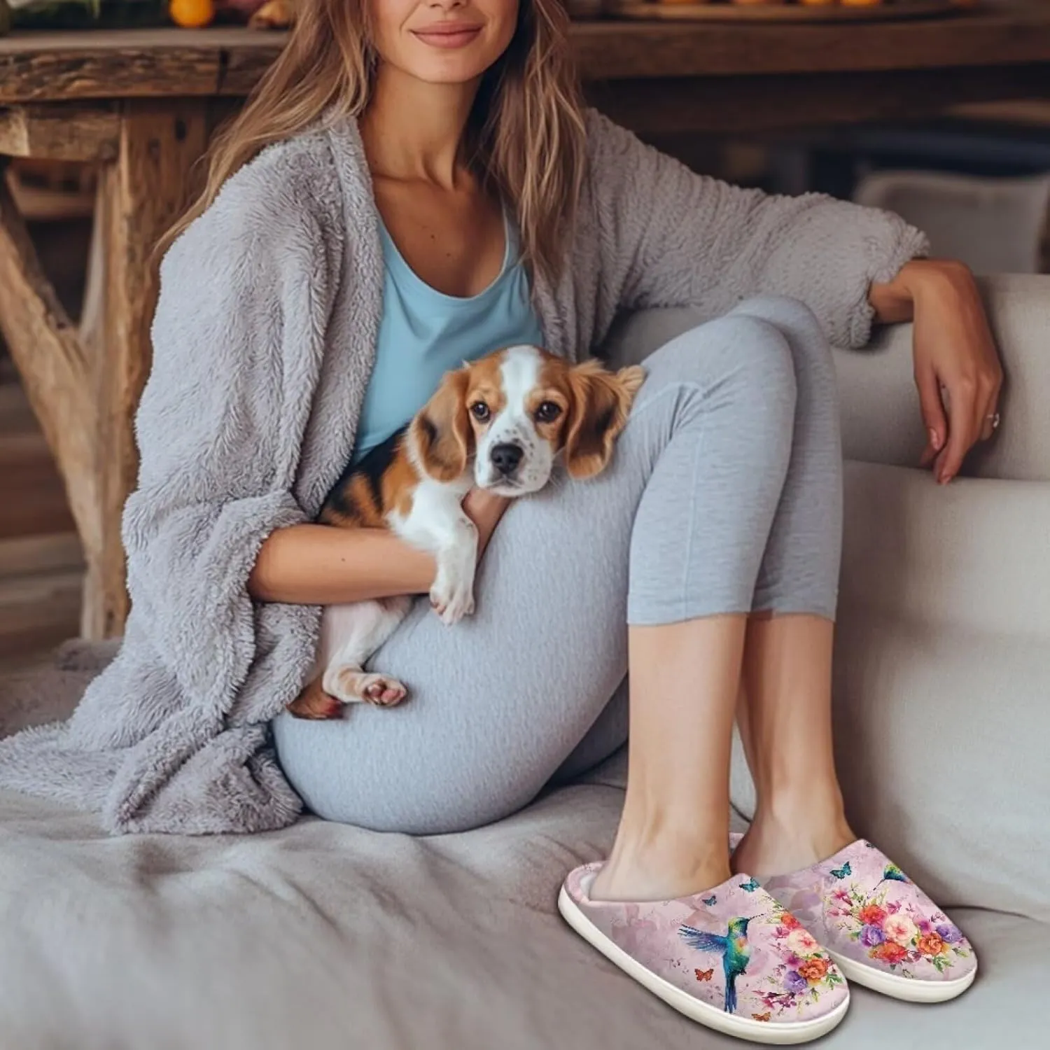 chaqlin Hummingbir Plush Slippers Fuzzy House Bedroom Warm Soft Sandals Wide Warm for Women Lightweight Slip Resistant Flannel Fluffy Shoes Slipper