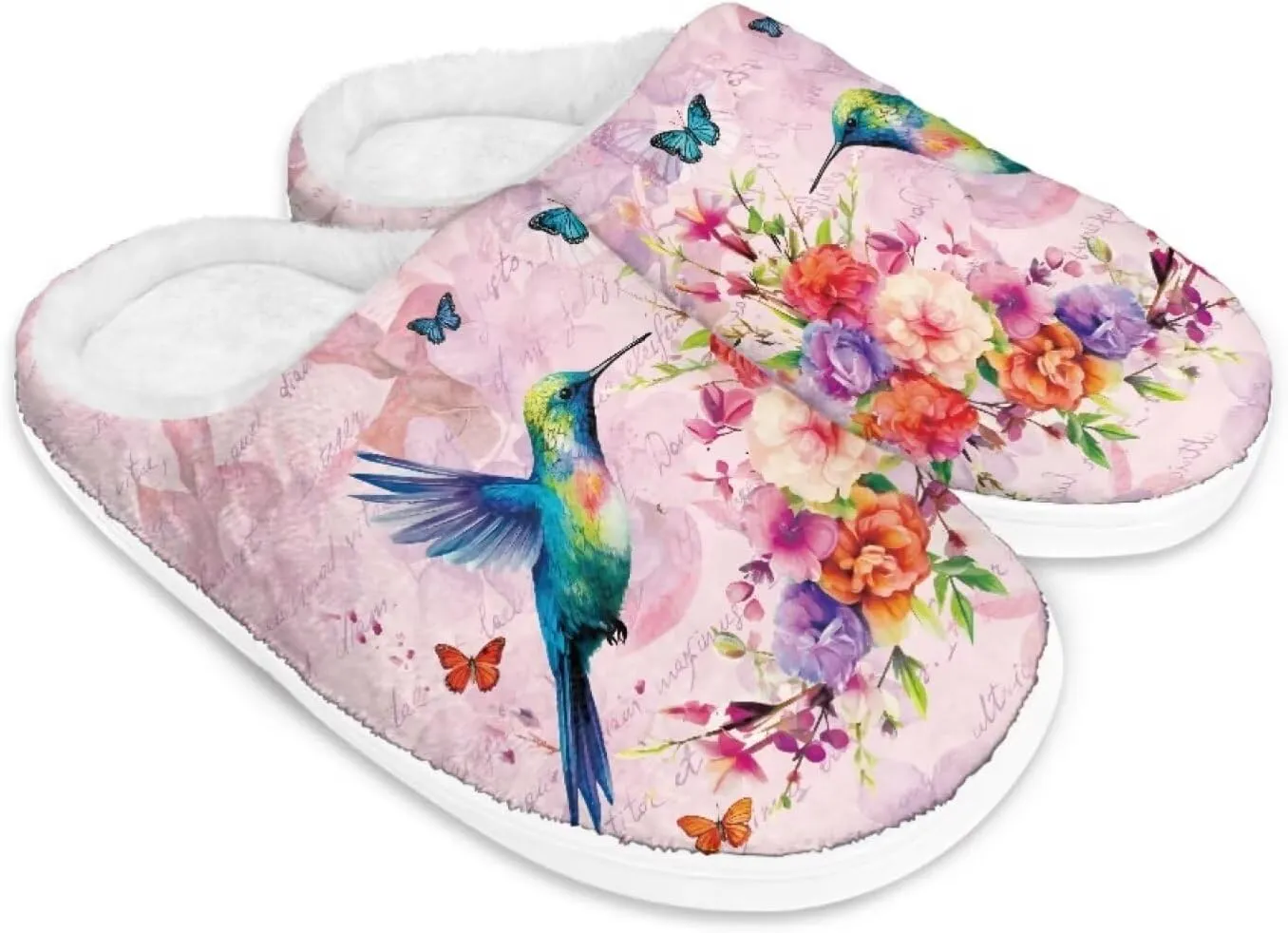 chaqlin Hummingbir Plush Slippers Fuzzy House Bedroom Warm Soft Sandals Wide Warm for Women Lightweight Slip Resistant Flannel Fluffy Shoes Slipper