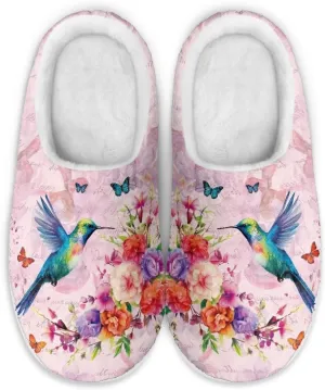 chaqlin Hummingbir Plush Slippers Fuzzy House Bedroom Warm Soft Sandals Wide Warm for Women Lightweight Slip Resistant Flannel Fluffy Shoes Slipper