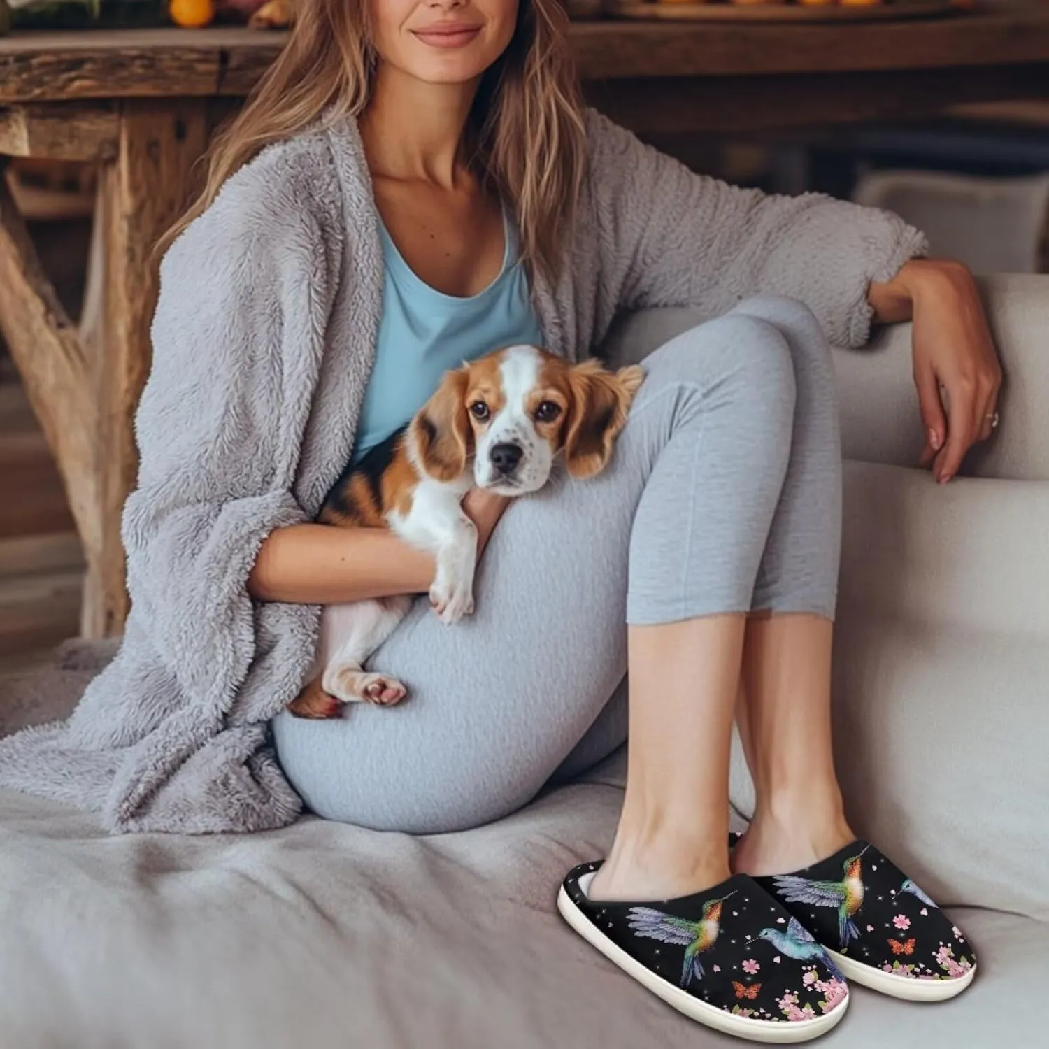 chaqlin Hummingbir Plush Slippers Fuzzy House Bedroom Warm Soft Sandals Wide Warm for Women Lightweight Slip Resistant Flannel Fluffy Shoes Slipper