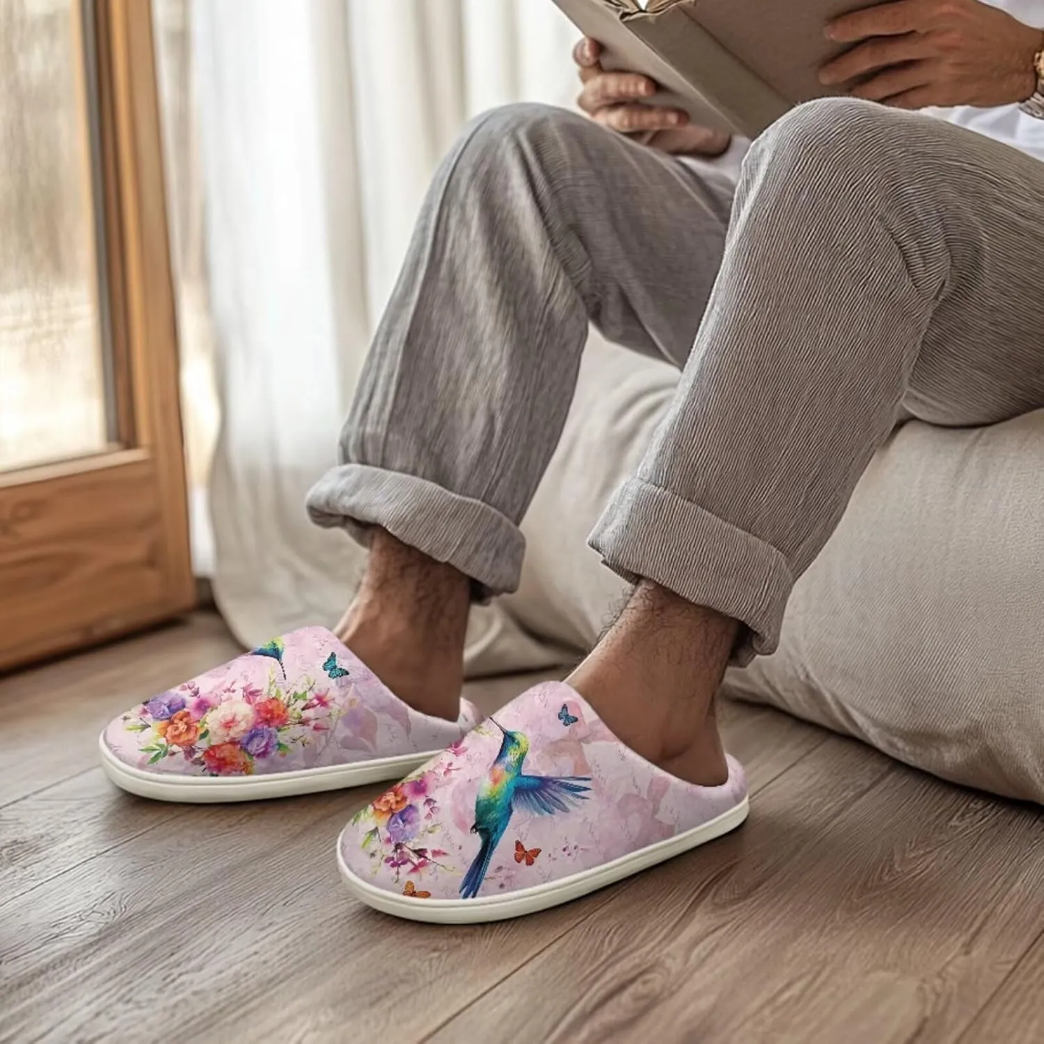 chaqlin Hummingbir Plush Slippers Fuzzy House Bedroom Warm Soft Sandals Wide Warm for Women Lightweight Slip Resistant Flannel Fluffy Shoes Slipper