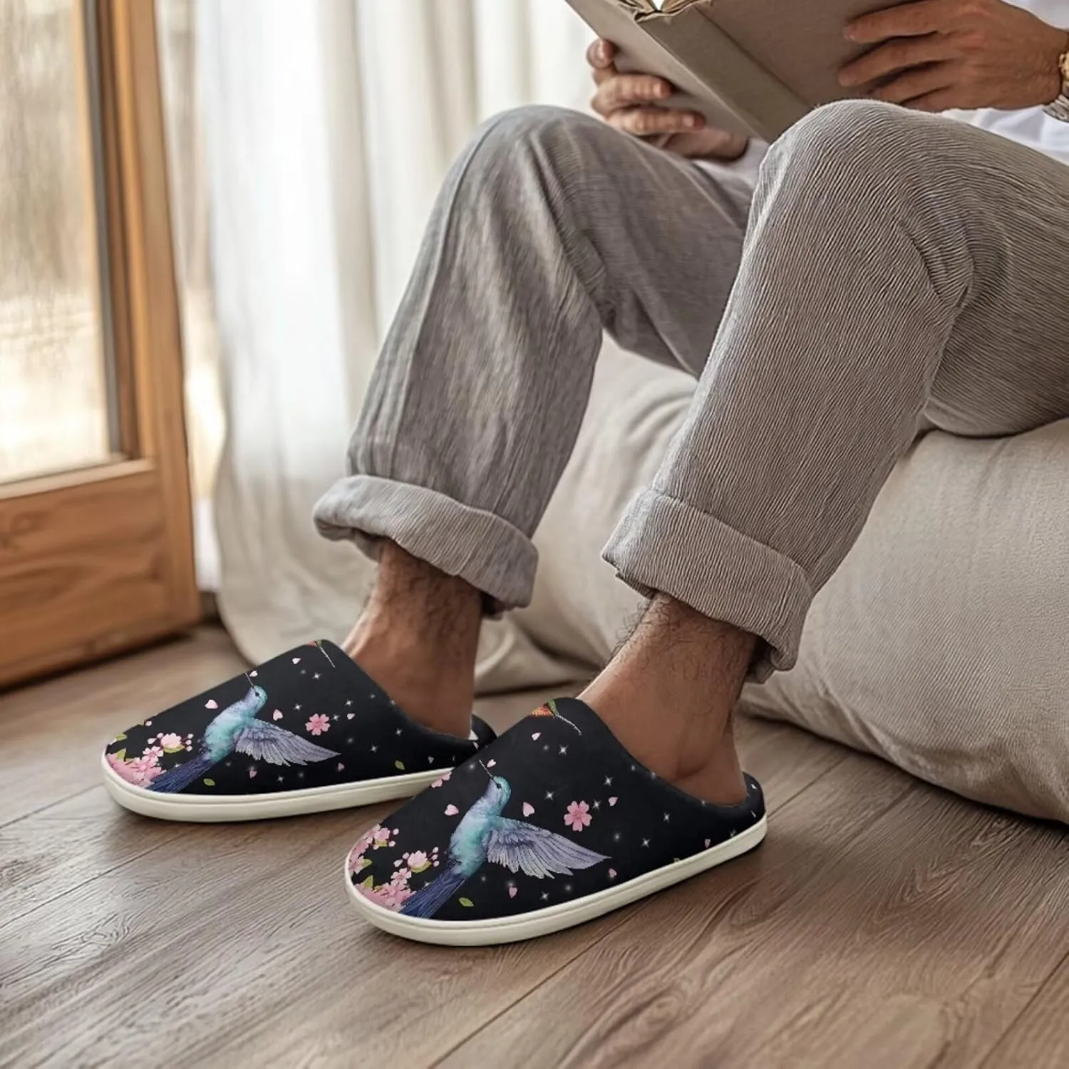 chaqlin Hummingbir Plush Slippers Fuzzy House Bedroom Warm Soft Sandals Wide Warm for Women Lightweight Slip Resistant Flannel Fluffy Shoes Slipper