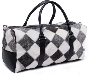 CHAYELL Cowhide Leather Duffle Bag for Men and Women - Genuine Leather Gym Duffle Bag, Weekend Travel Bag with Hand Strap (Multipatch, Silver)