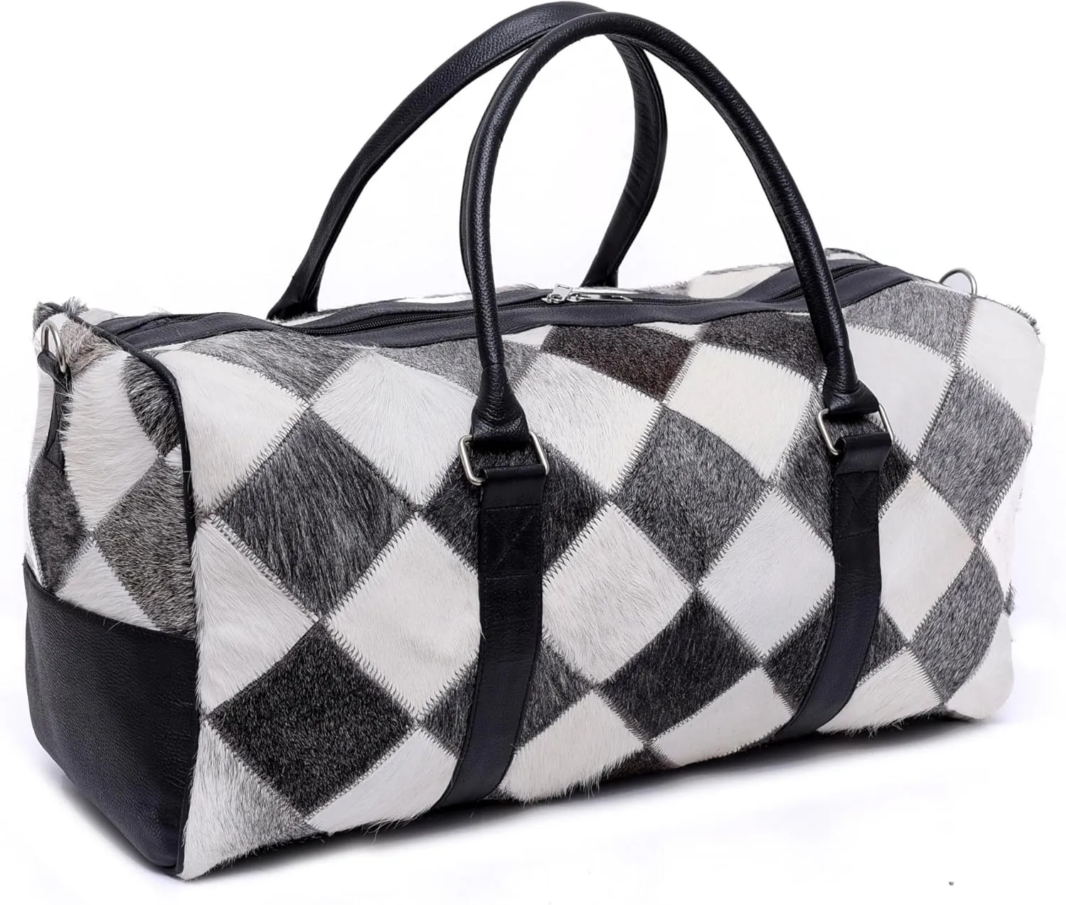 CHAYELL Cowhide Leather Duffle Bag for Men and Women - Genuine Leather Gym Duffle Bag, Weekend Travel Bag with Hand Strap (Multipatch, Silver)