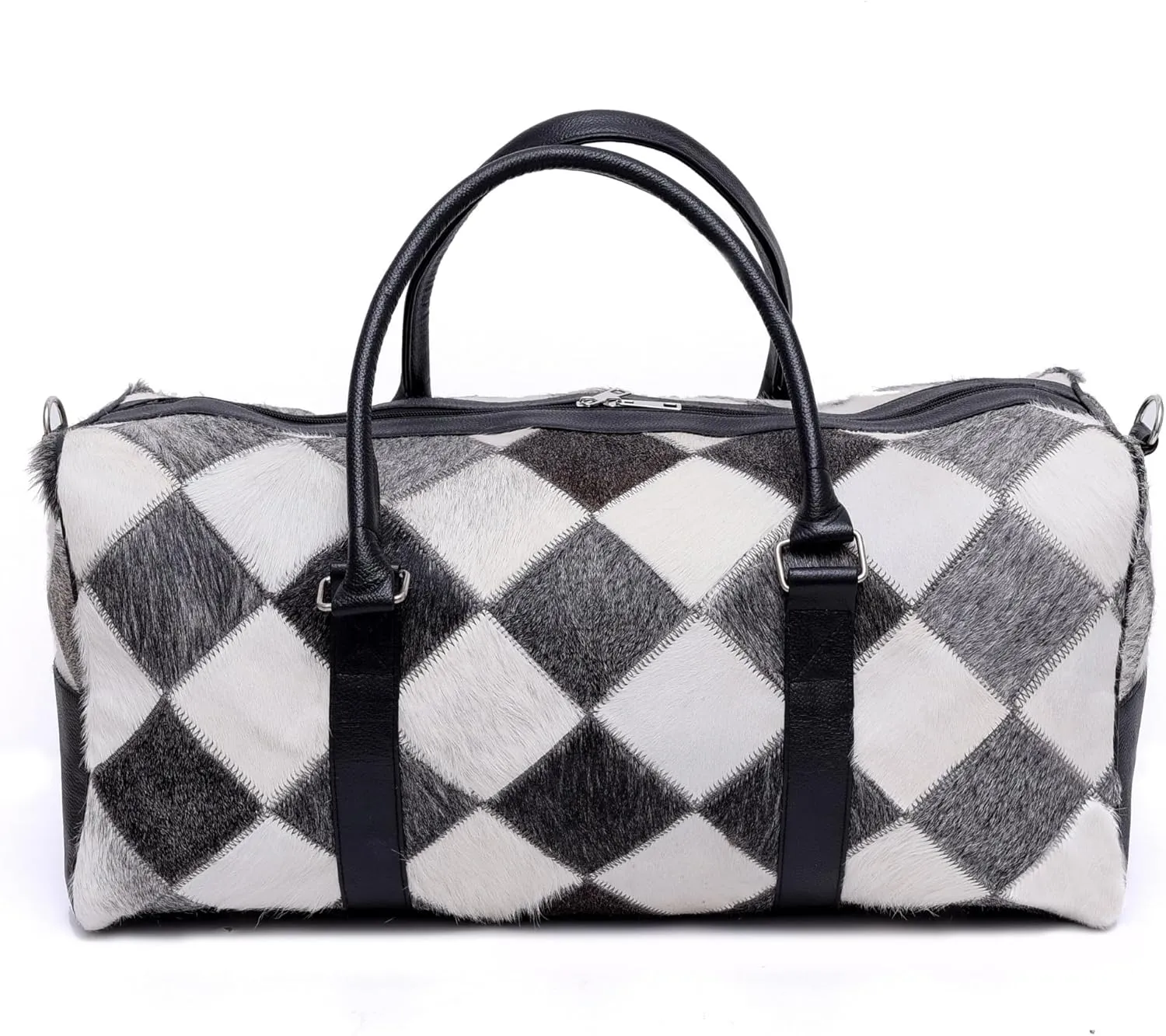 CHAYELL Cowhide Leather Duffle Bag for Men and Women - Genuine Leather Gym Duffle Bag, Weekend Travel Bag with Hand Strap (Multipatch, Silver)