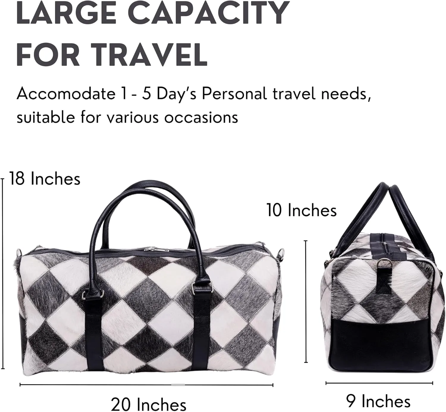 CHAYELL Cowhide Leather Duffle Bag for Men and Women - Genuine Leather Gym Duffle Bag, Weekend Travel Bag with Hand Strap (Multipatch, Silver)