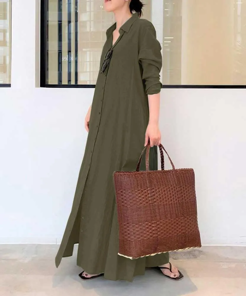 chouyatou Women's Basic Loose Fit Long Sleeve Button Up Maxi Shirt Dress with Pockets