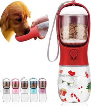 Christmas Dog Water Bottle with Food Container – 10oz Portable Travel Dispenser for Dogs,Cats,and Pets – Holiday Edition for Hiking, Walking & Travel – Easy to Clean & Includes Carbon Filter