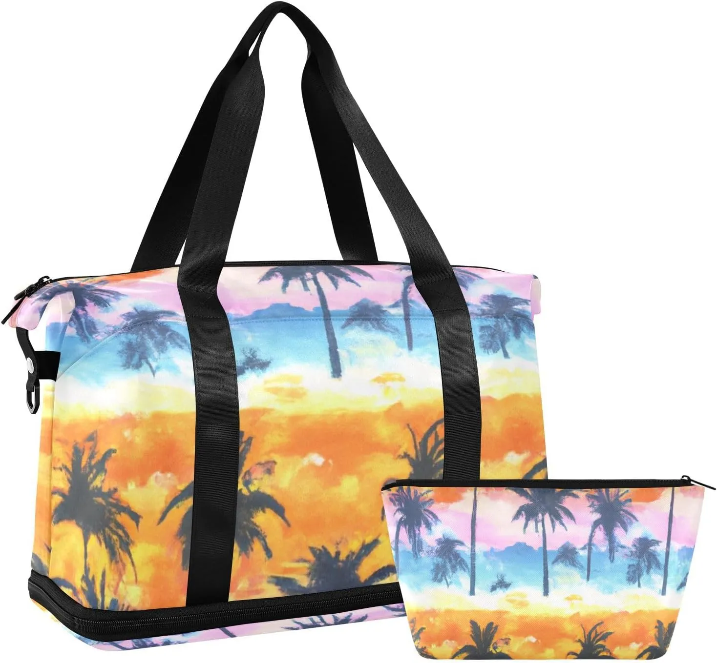 Chroma Tropical Trees Versatile Sports Travel Bag - Lasting Twill Tote, Removable Wheel & Rod Bagging, Multi-pocket Design, Complimentary Makeup Bag