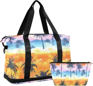 Chroma Tropical Trees Versatile Sports Travel Bag - Lasting Twill Tote, Removable Wheel & Rod Bagging, Multi-pocket Design, Complimentary Makeup Bag