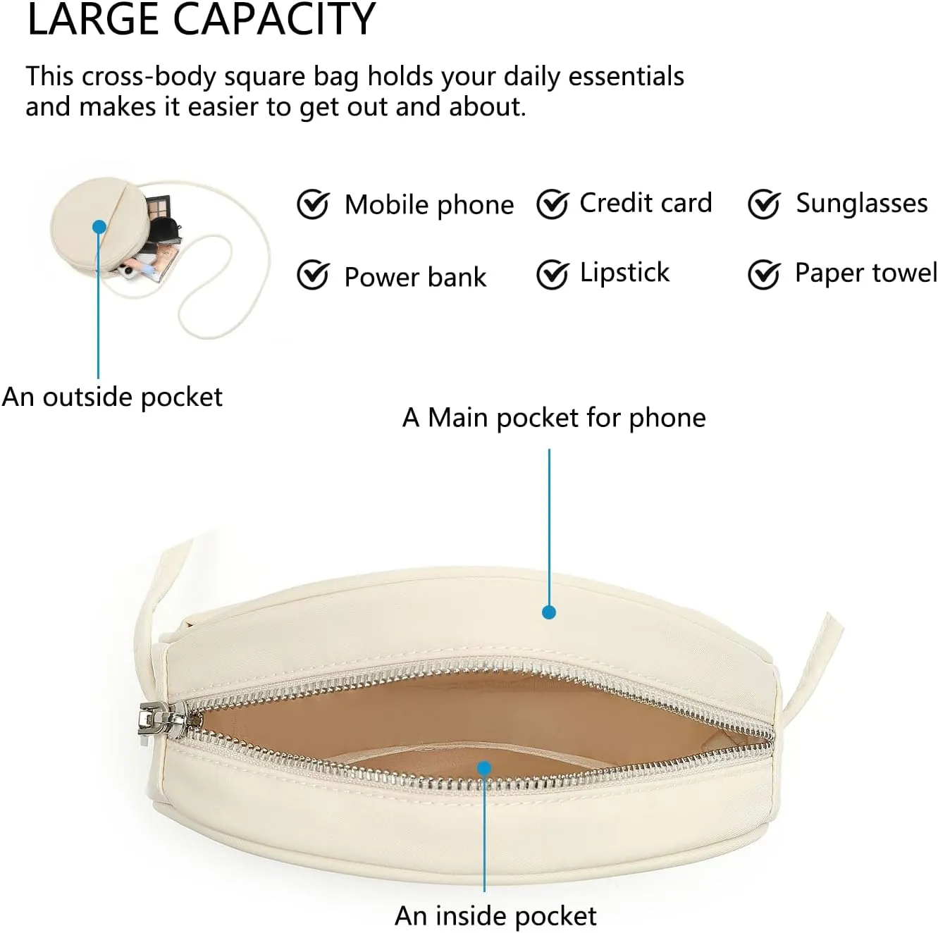 Circle Crossbody Bag for Women NYLON Circle Purse with Zipper Adjustable Knot Shoulder Straps