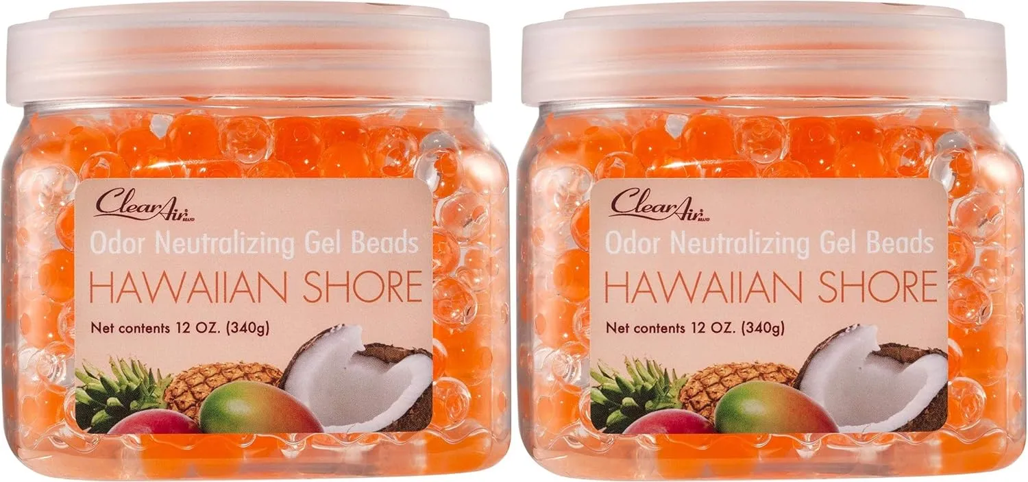Clear Air Odor Eliminator Gel Beads - 12 oz, Pack of 2 - Air Freshener Made with Essential Oils - Eliminates Odors in Bathrooms, Cars, Boats, RVs & Pet Areas - Hawaiian Shore Scent