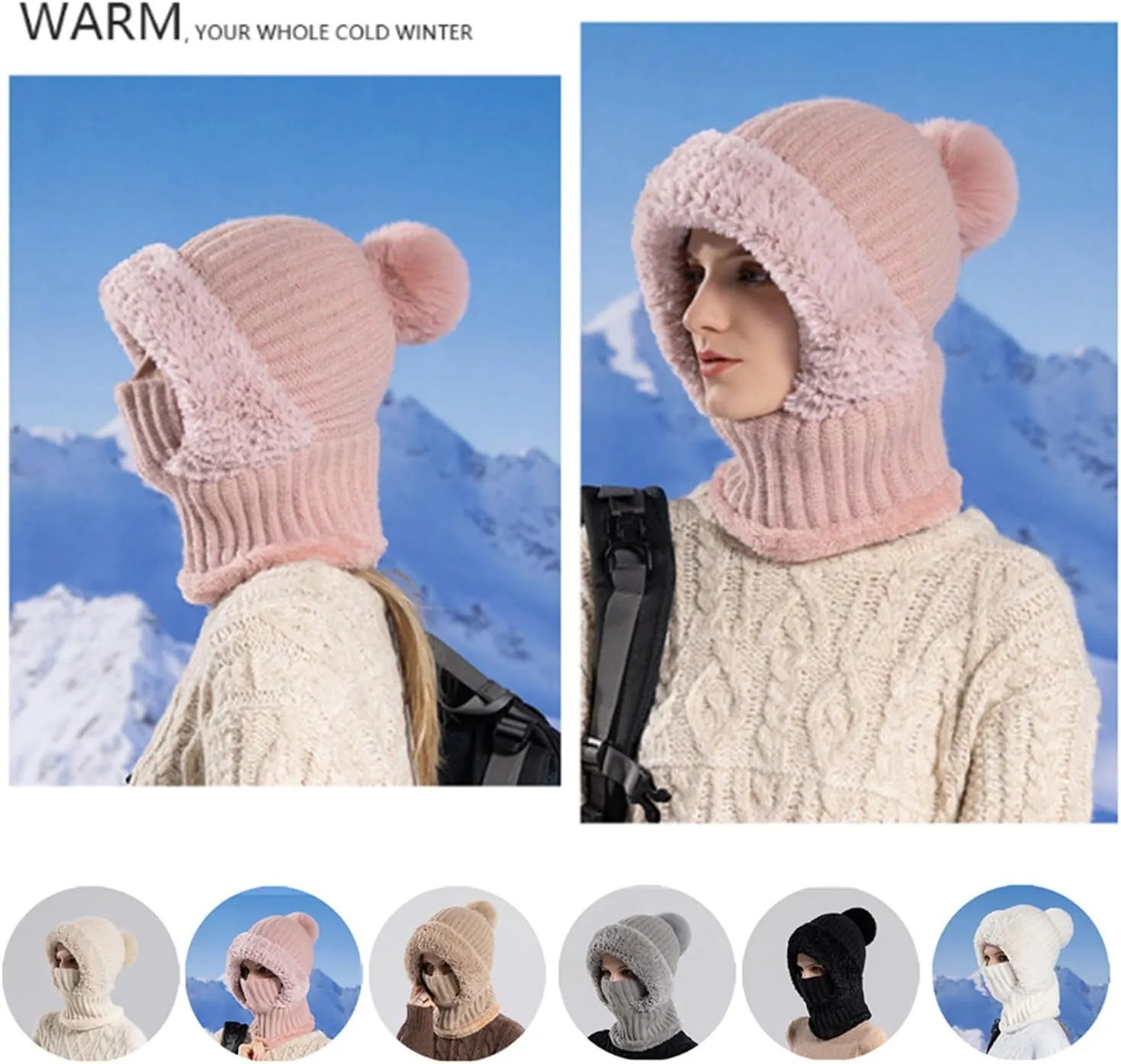 Clockwisek Women's Knitted Hat in Autumn and Winter, Wind-Resistant Warm Scarf Hat Face Mask Hooded Scarf Integrated
