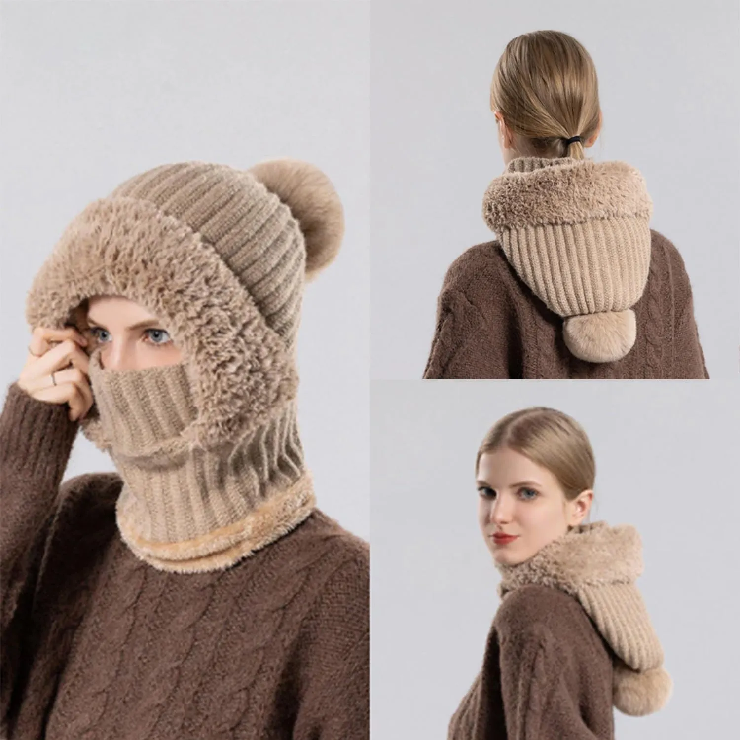Clockwisek Women's Knitted Hat in Autumn and Winter, Wind-Resistant Warm Scarf Hat Face Mask Hooded Scarf Integrated