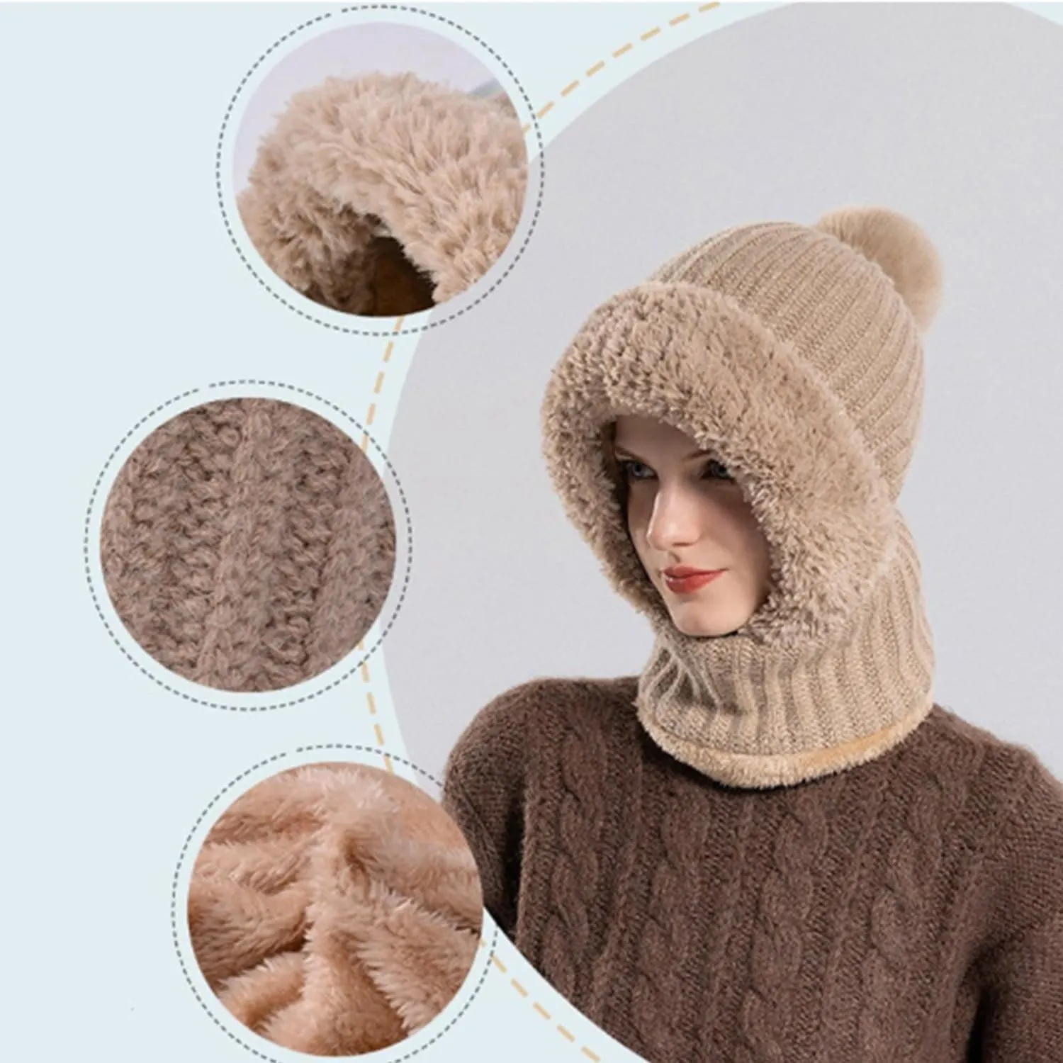 Clockwisek Women's Knitted Hat in Autumn and Winter, Wind-Resistant Warm Scarf Hat Face Mask Hooded Scarf Integrated
