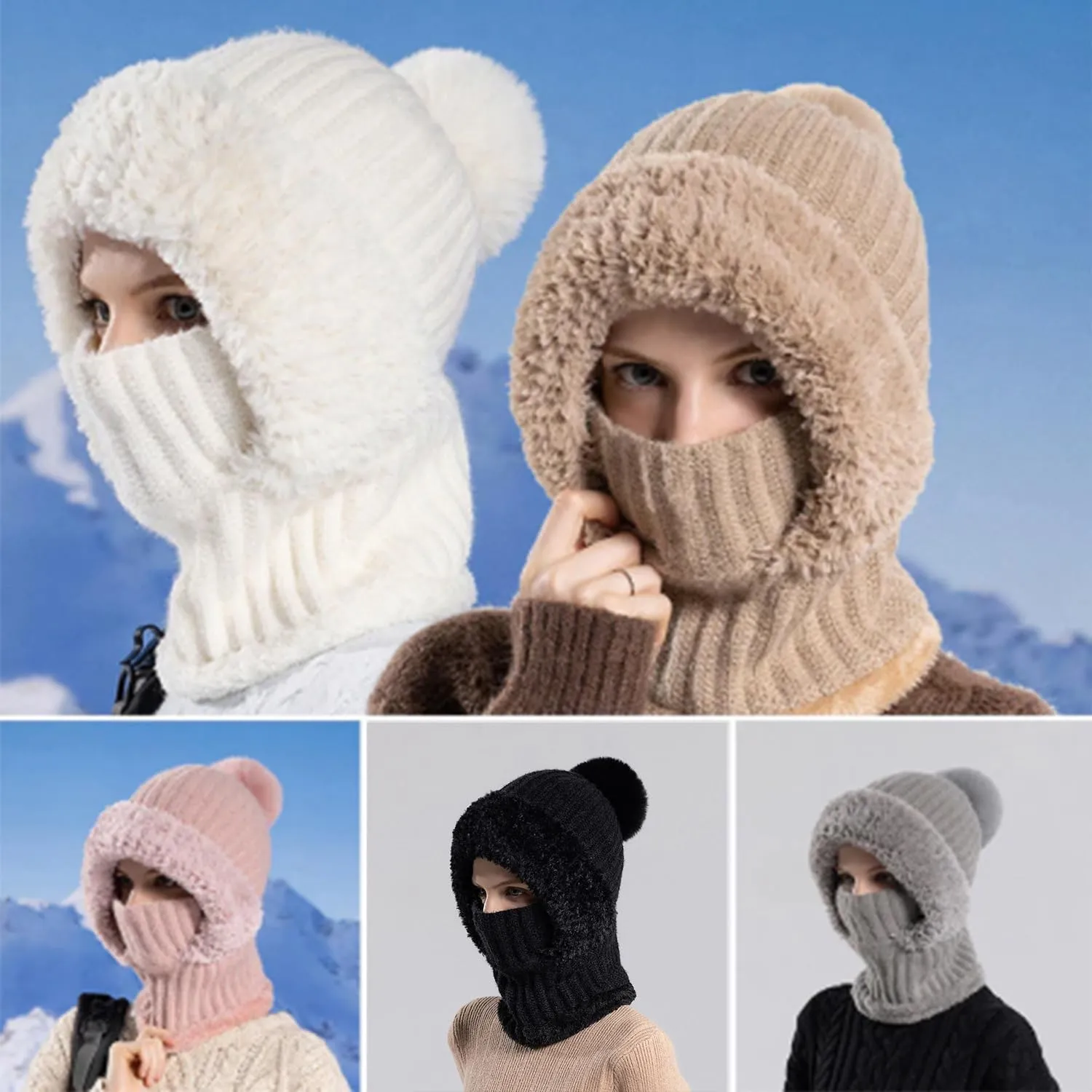 Clockwisek Women's Knitted Hat in Autumn and Winter, Wind-Resistant Warm Scarf Hat Face Mask Hooded Scarf Integrated