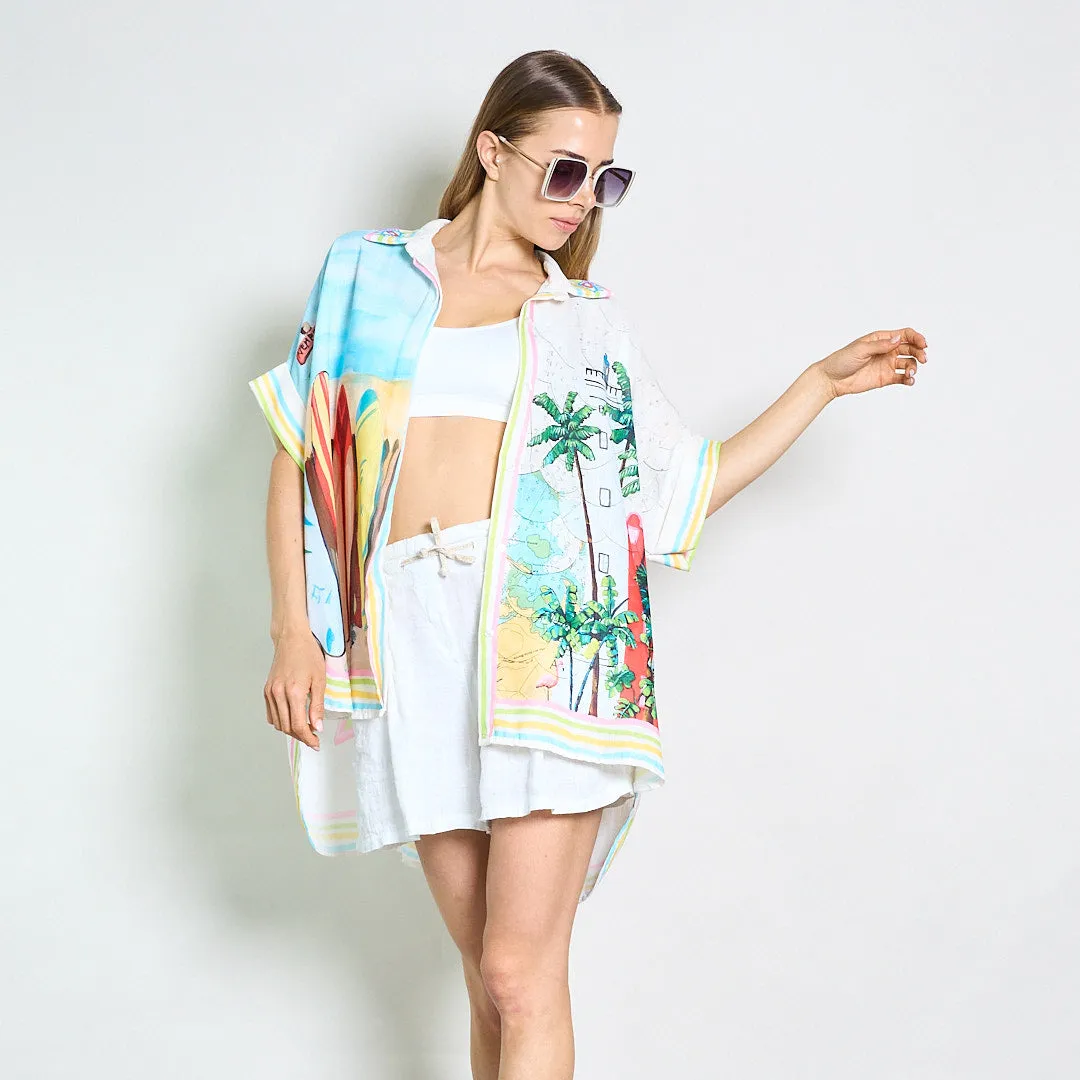 Coastal surfboard and lighthouse print oversized shirt wholesale