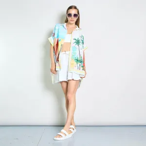 Coastal surfboard and lighthouse print oversized shirt wholesale