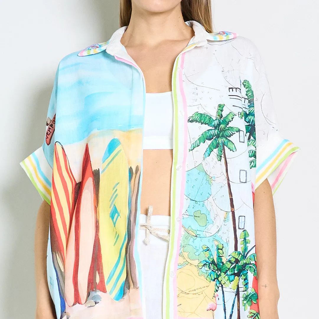 Coastal surfboard and lighthouse print oversized shirt wholesale
