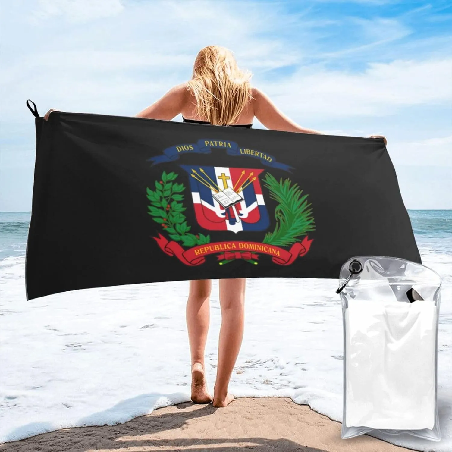 Coat of arms of The Dominican Republic Beach Towel Quick Dry Sand Free Lightweight Large 27.5"x55" with Travel Bag - Vacation Essentials Bath Towel for Pool, Summer