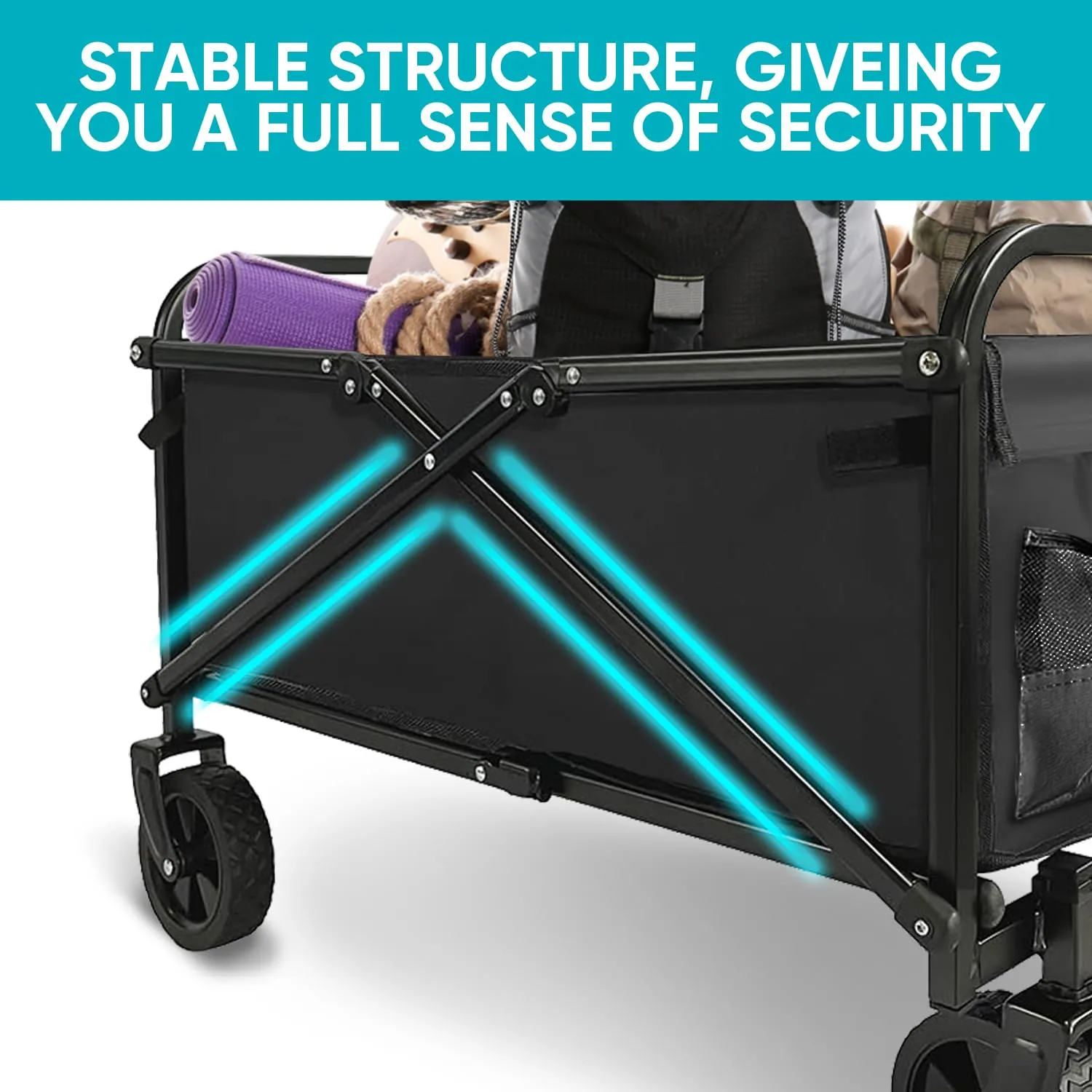 Collapsible Foldable Wagon, Beach Cart Large Capacity, Heavy Duty Folding Wagon Portable, for Outdoor Sports, Shopping, Camping, Black
