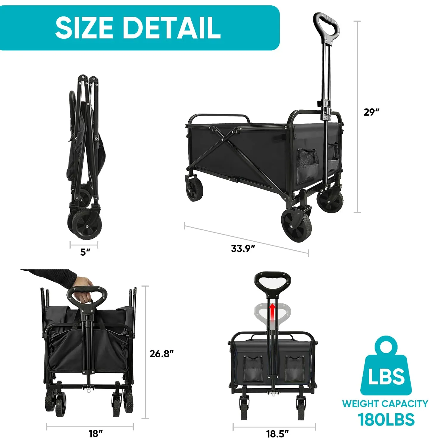 Collapsible Foldable Wagon, Beach Cart Large Capacity, Heavy Duty Folding Wagon Portable, for Outdoor Sports, Shopping, Camping, Black