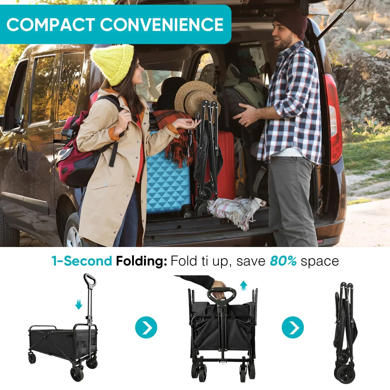 Collapsible Foldable Wagon, Beach Cart Large Capacity, Heavy Duty Folding Wagon Portable, for Outdoor Sports, Shopping, Camping, Black