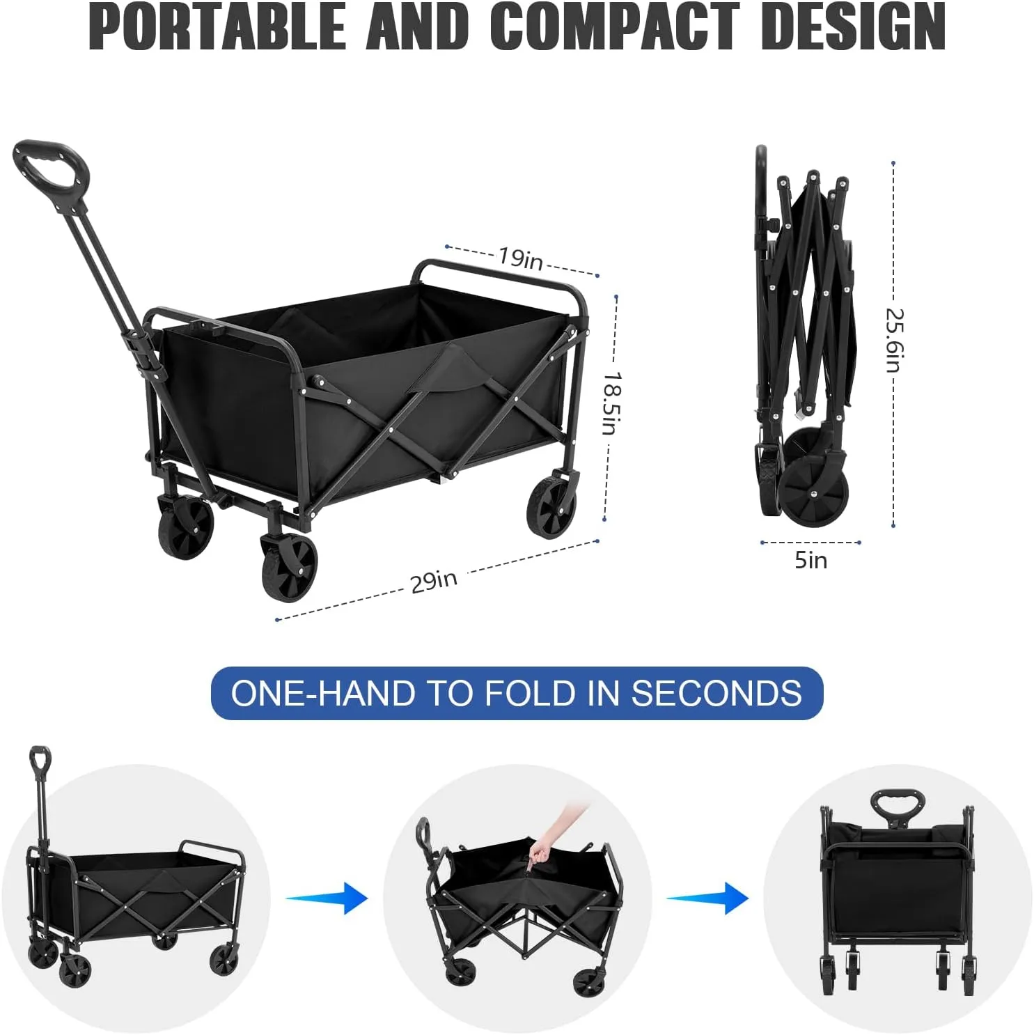 Collapsible Foldable Wagon,Wagons Carts Foldable with Wheels,Utility Grocery Folding Beach Wagon for Sand Garden Sports Shopping Outdoor(Deep Black).