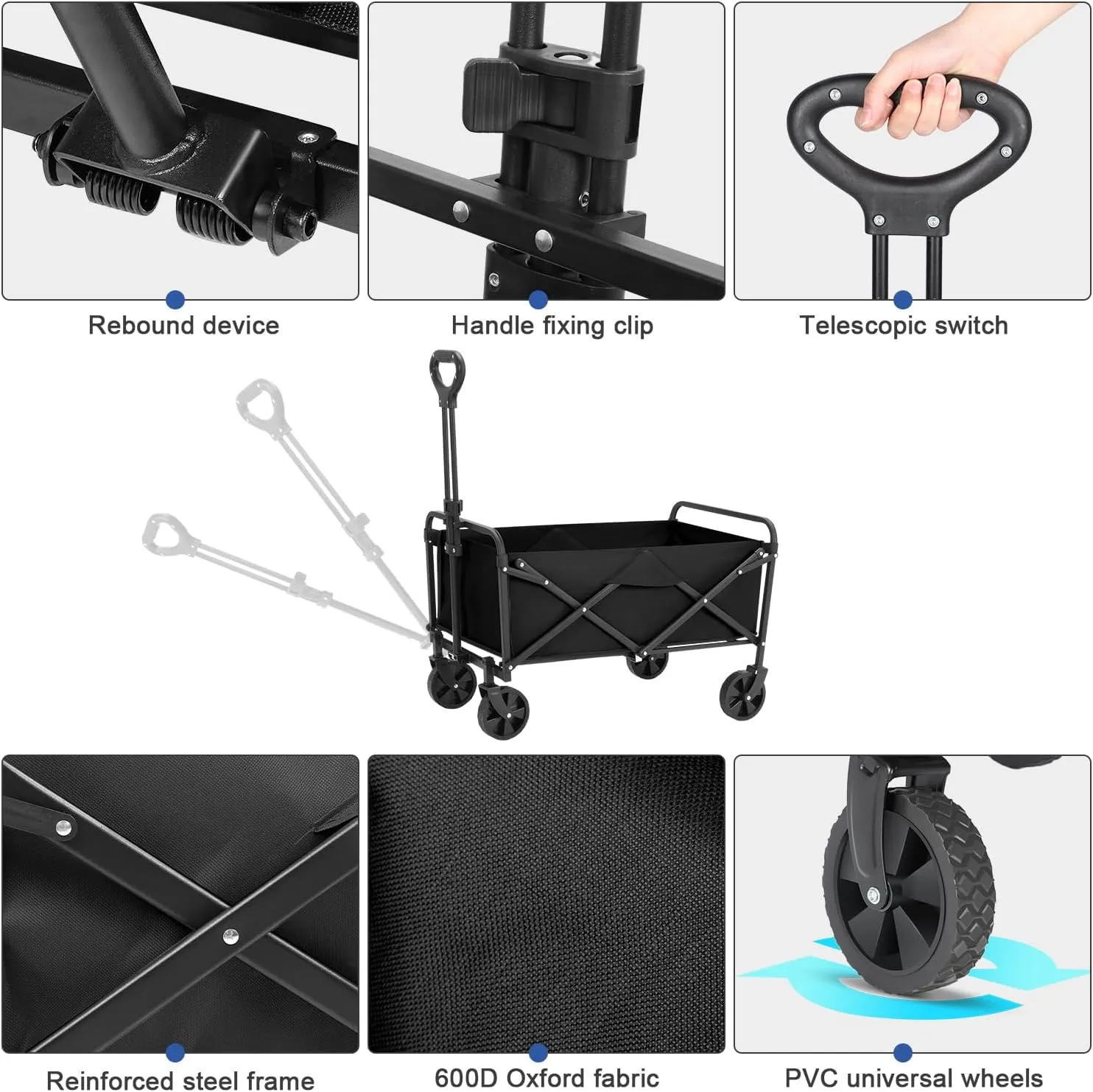 Collapsible Foldable Wagon,Wagons Carts Foldable with Wheels,Utility Grocery Folding Beach Wagon for Sand Garden Sports Shopping Outdoor(Deep Black).