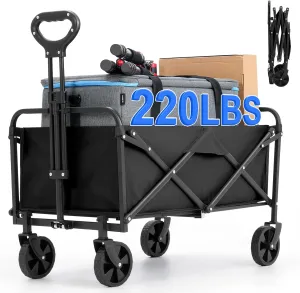 Collapsible Foldable Wagon,Wagons Carts Foldable with Wheels,Utility Grocery Folding Beach Wagon for Sand Garden Sports Shopping Outdoor(Deep Black).
