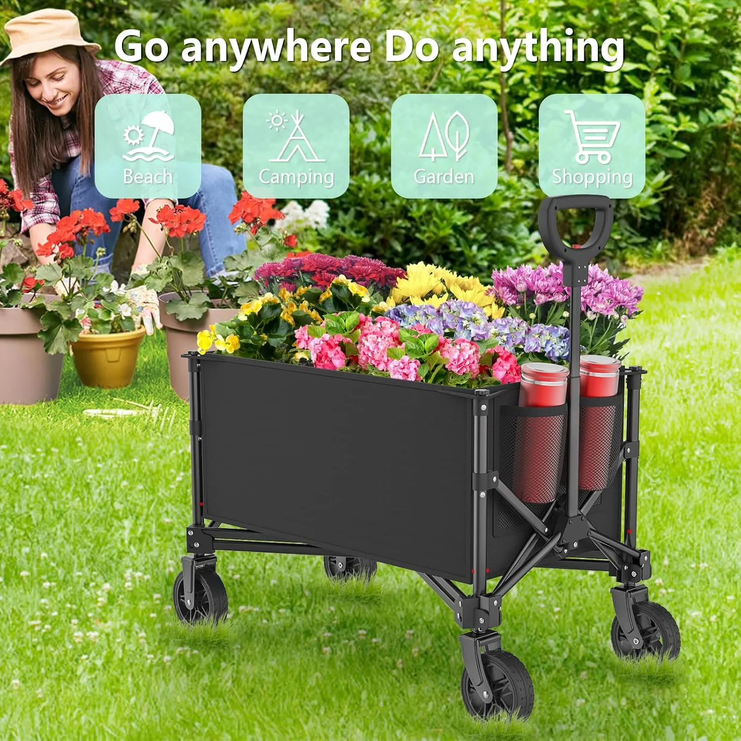 Collapsible Folding Outdoor Utility Wagon, 120L Beach Wagon Cart with All Terrain Wheels, 225lbs Heavy Duty Foldable Grocery Wagon for Camping Garden Shopping Sports