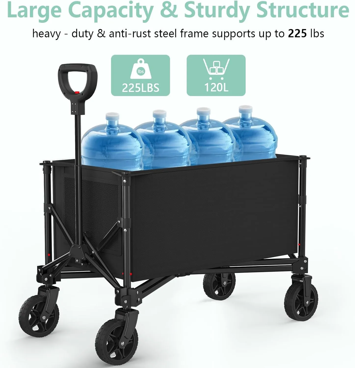 Collapsible Folding Outdoor Utility Wagon, 120L Beach Wagon Cart with All Terrain Wheels, 225lbs Heavy Duty Foldable Grocery Wagon for Camping Garden Shopping Sports