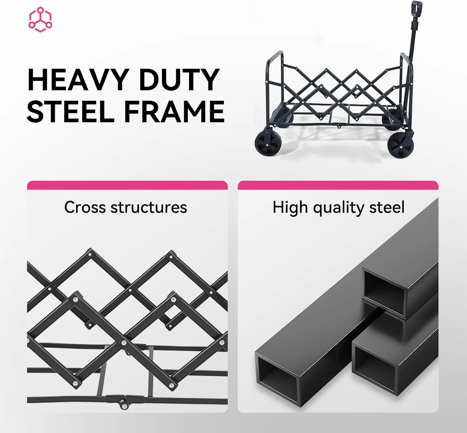 Collapsible Folding Wagon, Heavy Duty Pink Foldable Wagon Cart with Wheel, Lightweight Utility Grocery Cart with 200lbs Weight Capacity for Garden, Beach, Camping Sports, Fishing