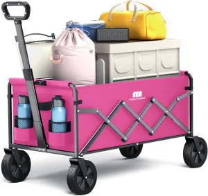 Collapsible Folding Wagon, Heavy Duty Pink Foldable Wagon Cart with Wheel, Lightweight Utility Grocery Cart with 200lbs Weight Capacity for Garden, Beach, Camping Sports, Fishing
